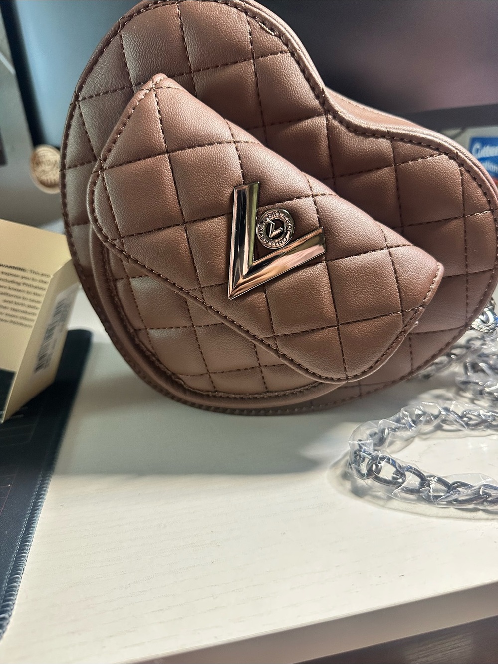 Valentino Orlandi Quilted Heart Crossbody in Mauve Taupe with Gold V-Clasp